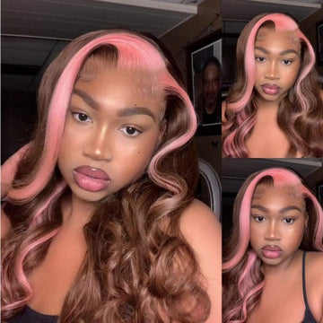 Strawberry Pink & Chocolate Skunk Stripe Color Wigs Straight and Body Wave 13*4 Lace Front Wigs