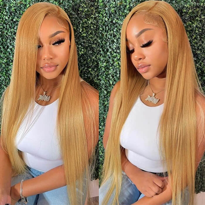 30 Inch Honey Blonde Straight Lace Front Wigs #27 Hair Colored Transparent HD Lace Human Hair Wigs