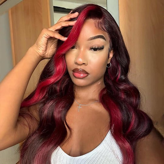 Black Wigs With 99J Burgundy Highlight Mixed Colored 13*4/5x5 HD Lace Front Wigs Money Piece Hair