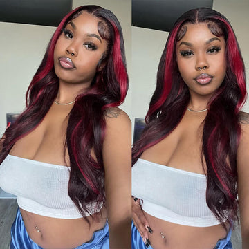 Black Wigs With 99J Burgundy Highlight Mixed Colored 13*4/5x5 HD Lace Front Wigs Money Piece Hair