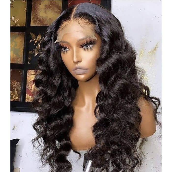24" Loose Wave Transparent HD Lace 13x4/4x4 Lace Frontal Wigs Human Hair Wigs Natural Black