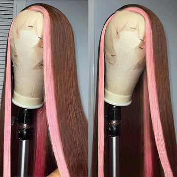 Strawberry Pink & Chocolate Skunk Stripe Color Wigs Straight and Body Wave 13*4 Lace Front Wigs