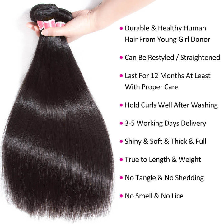 Brazilian Straight Hair 3 Bundles with 4*4 Lace Closure Virgin Human Hair