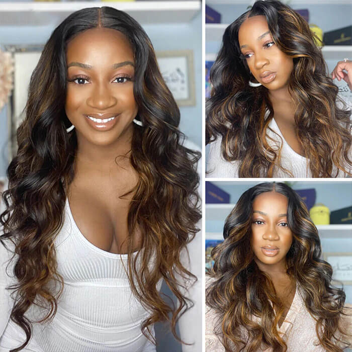 Undetectable Lace Highlight Wigs Body Wave 4x4 13x4 HD Lace Wigs Black And Honey Blonde Mix Color Wigs