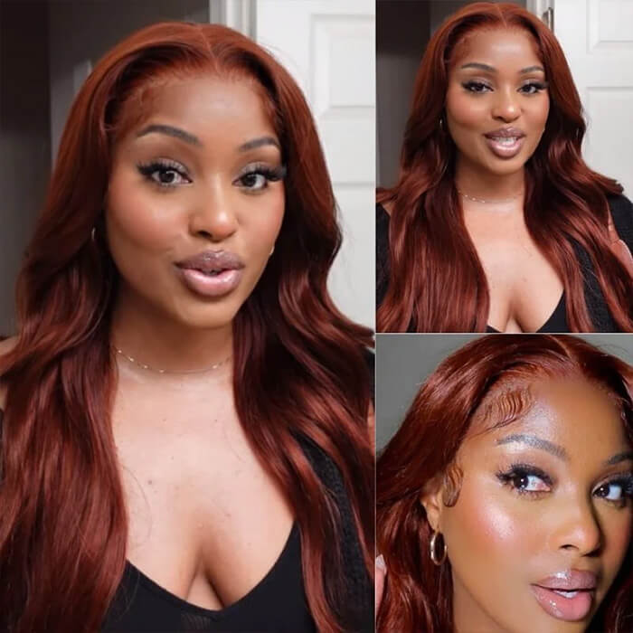 Reddish Brown 13x4 HD Lace Human Hair Wigs #33B Auburn Colored Body Wave Wigs