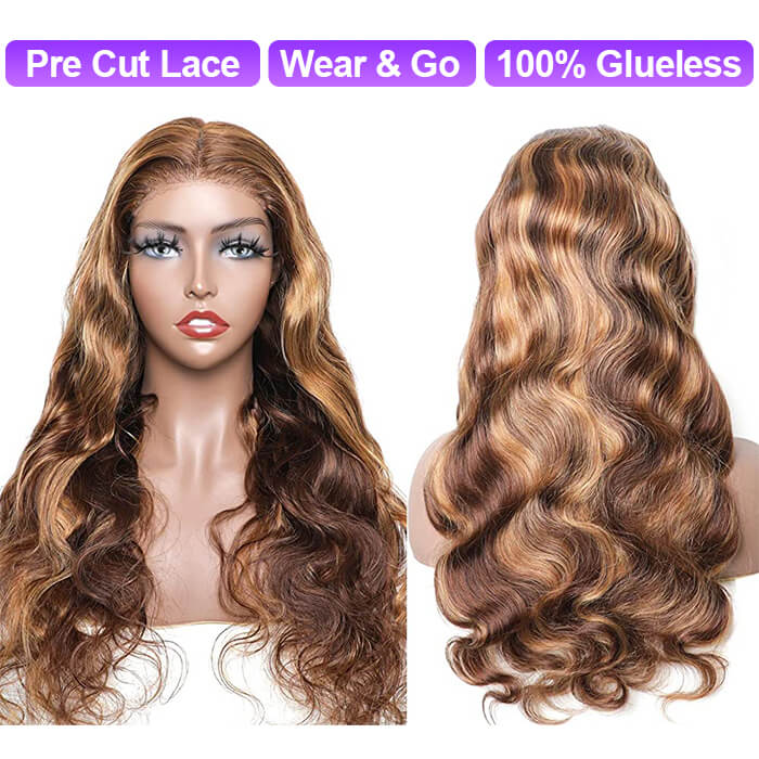 Blonde Highlight Body Wave Wigs #P4/27 Color Upgrade 7*5/8*5 Pre Cut Lace Closure Wigs Wear & Go For Sale