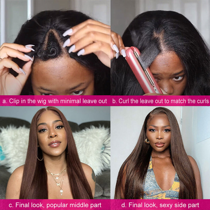 #4 Chocolate Brown Straight V/U Part Wigs No Leave Out Glueless Human Hair Wigs Beginner Friendly