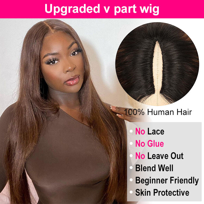 #4 Chocolate Brown Straight V/U Part Wigs No Leave Out Glueless Human Hair Wigs Beginner Friendly