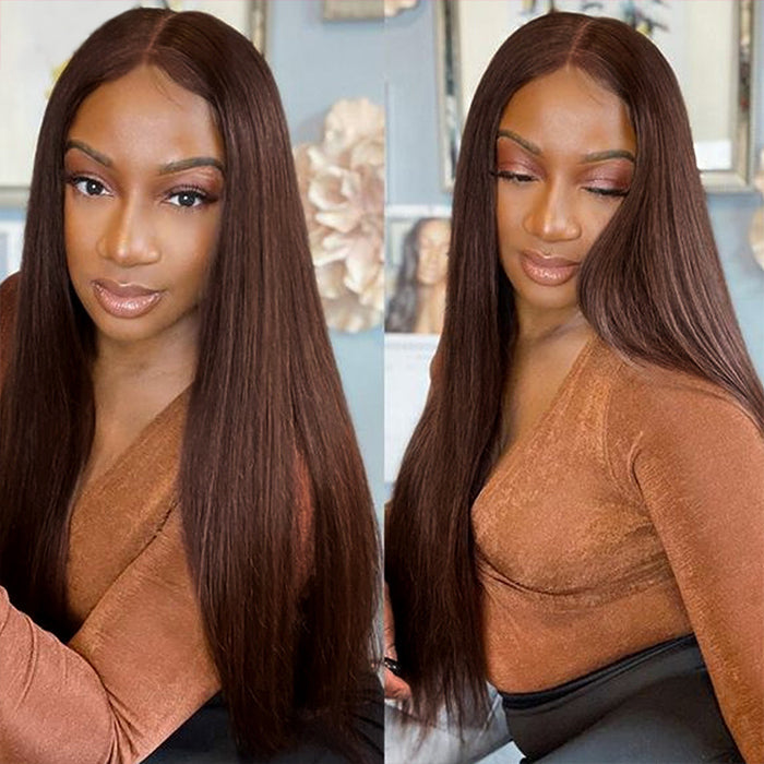 #4 Chocolate Brown Straight V/U Part Wigs No Leave Out Glueless Human Hair Wigs Beginner Friendly