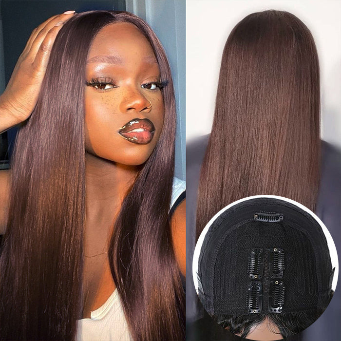 #4 Chocolate Brown Straight V/U Part Wigs No Leave Out Glueless Human Hair Wigs Beginner Friendly