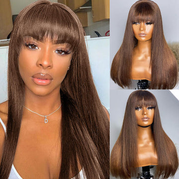 #4 Chocolate Brown Straight Wigs With Bangs Glueless Top 2x4 Lace Wigs With Bangs