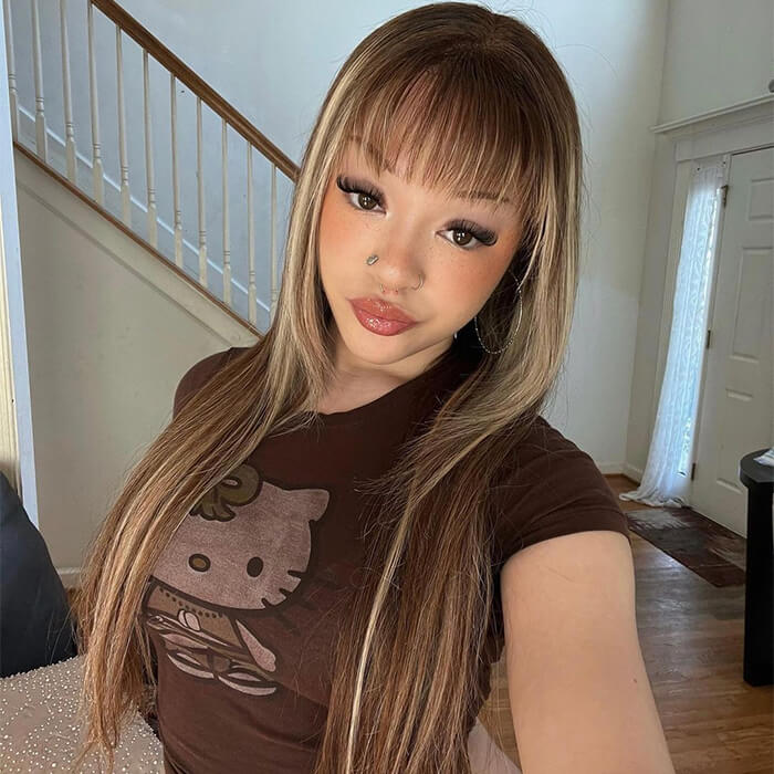 4/27 Honey Blond Highlight Straight Human Hair Wigs With Bangs Virgin Human Hair Lace Front Wigs