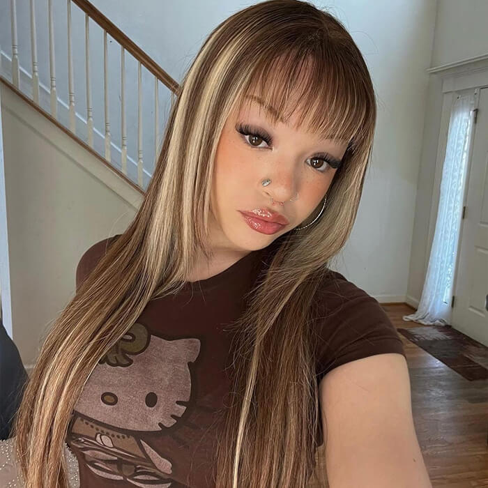 4/27 Honey Blond Highlight Straight Human Hair Wigs With Bangs Virgin Human Hair Lace Front Wigs