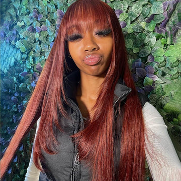 Reddish Brown Straight 13x4 Lace Front Wigs With Bangs Machine Made Human Hair Wigs Easy to Go