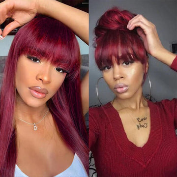 Burgundy 99J Silk Straight Human Hair Wigs with Bangs Glueless Top 2x4 Lace Wigs Fringe Style