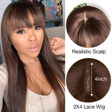 #4 Chocolate Brown Straight Wigs With Bangs Glueless Top 2x4 Lace Wigs With Bangs