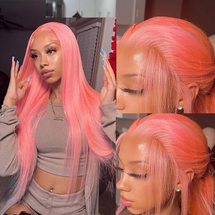 13x4 HD Lace Frontal Human Hair Wigs Straight Pink Color Wigs For Women Pre Plucked Bleached Knots