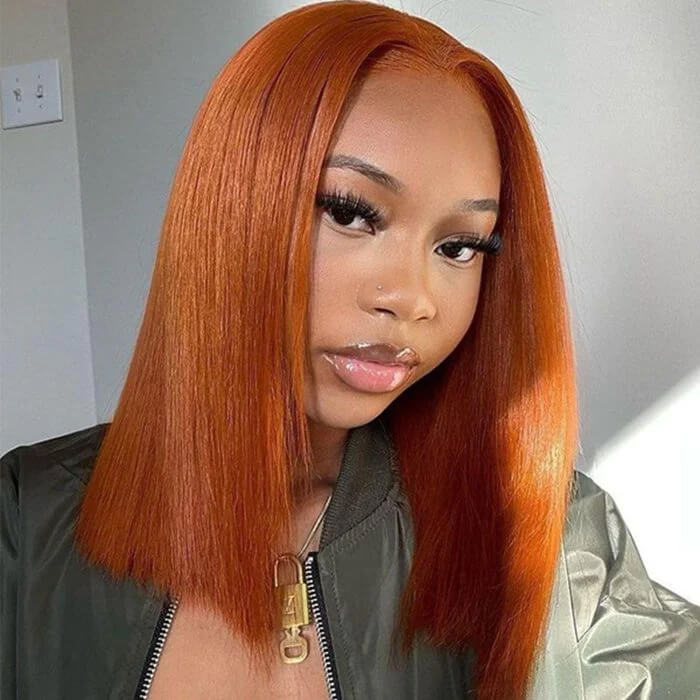 Orange Ginger Color 13x4 Lace Front Wigs Remy Human Hair Short Bob Wigs Baby Hair For Black Women 150% Preplucked
