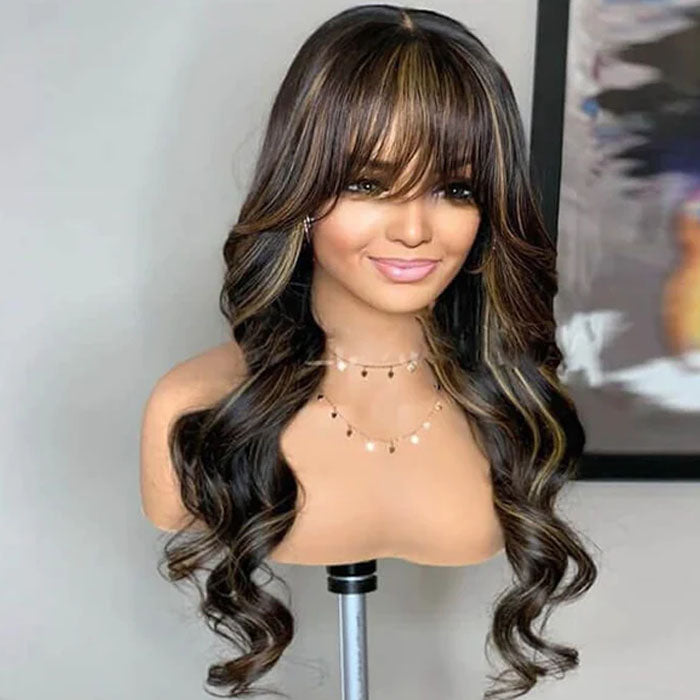 Blonde Highlights Body Wave Human Hair Wigs with Bangs Glueless 13*4 HD Lace Front Wigs