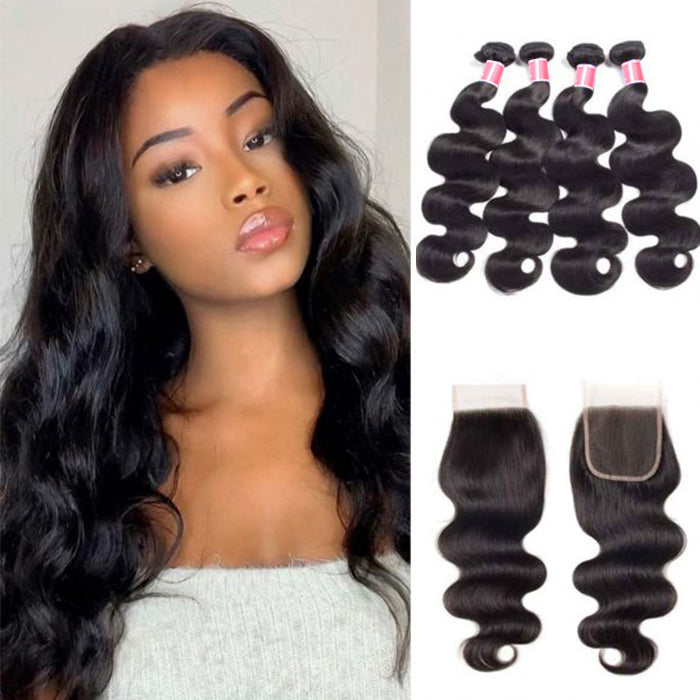 Peruvian Body Wave 4 Bundles with 4*4 Closure Soft Unprocessed Virgin Human Hair