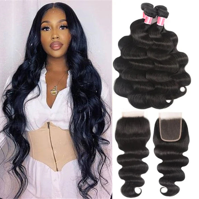 Brazilian Body Wave 4 Bundles with 4*4 Lace Closure Virgin Human Hair