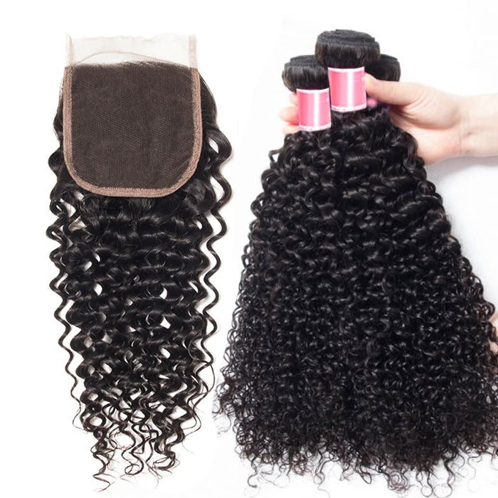 Peruvian Curly Hair 4 Bundles with 4*4 Closure Soft Unprocessed Virgin Human Hair