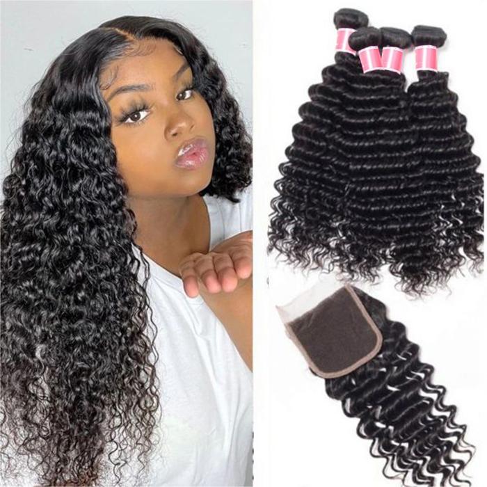 Peruvian Deep Wave 4 Bundles with 4*4 Closure Soft Unprocessed Virgin Human Hair