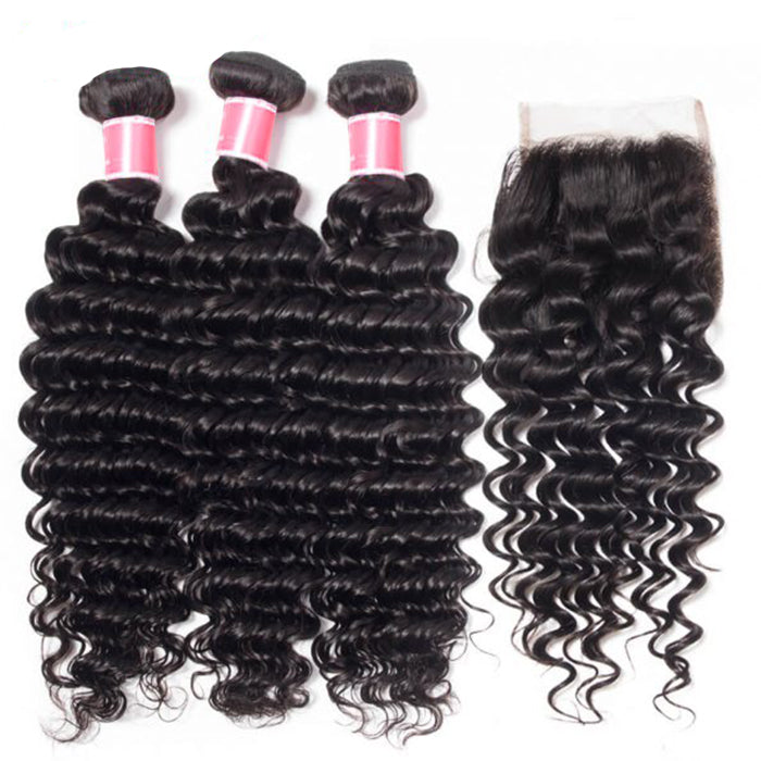 Peruvian Deep Wave 4 Bundles with 4*4 Closure Soft Unprocessed Virgin Human Hair