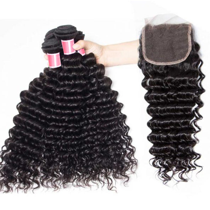 Peruvian Deep Wave 4 Bundles with 4*4 Closure Soft Unprocessed Virgin Human Hair