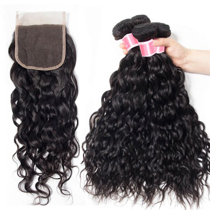 Peruvian Water Wave 4 Bundles with 4*4 Closure Soft Unprocessed Virgin Human Hair