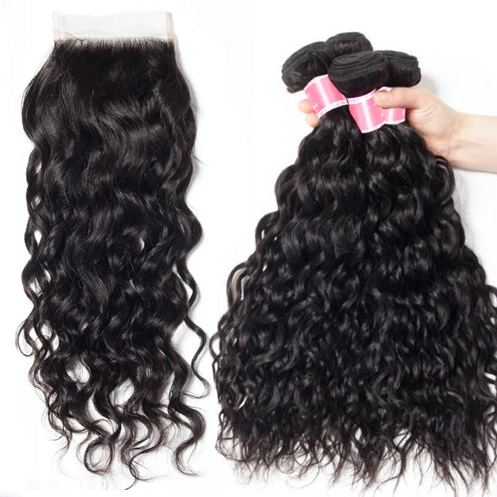 Peruvian Water Wave 4 Bundles with 4*4 Closure Soft Unprocessed Virgin Human Hair