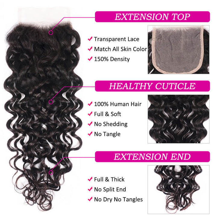 4x4 Transparent Lace Closure With Bundles Brazilian Water Wave Remy Human Hair Weave