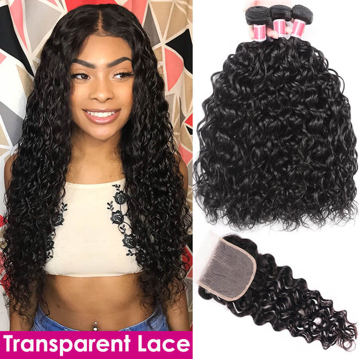 4x4 Transparent Lace Closure With Bundles Brazilian Water Wave Remy Human Hair Weave