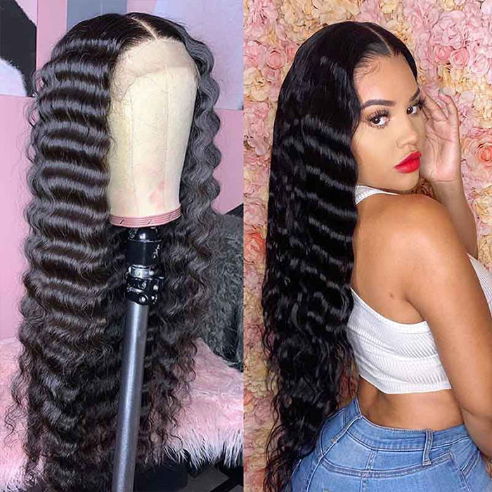 Loose Deep Wave 4x4 HD Lace Closure Crimped Wigs Pre Plucked Human Hair