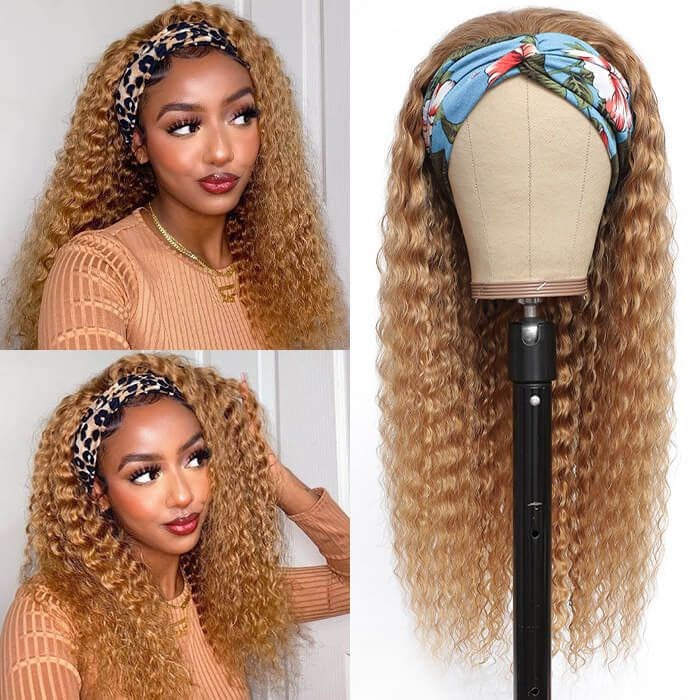 #27 Honey Blonde Headband Wigs Deep Wave Virgin Human Hair