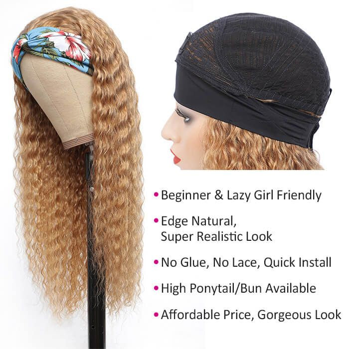 #27 Honey Blonde Headband Wigs Deep Wave Virgin Human Hair