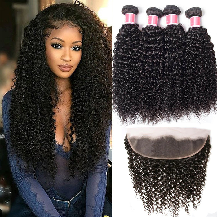 Malaysian Curly Hair 4 Bundles With 13X4 Ear To Ear Lace Frontal Natural Color