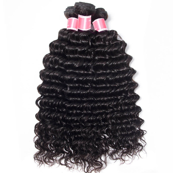 Malaysian Deep Wave 4 Bundles With 13X4 Ear To Ear Lace Frontal Natural Color