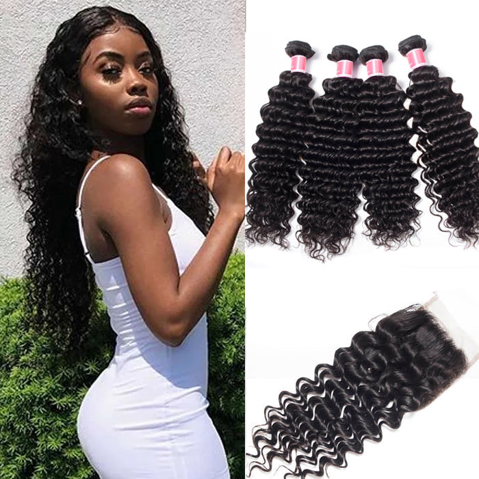 Malaysian Deep Wave 4 Bundles With 4x4 Lace Closure Human Hair Closure With Bundle Deals