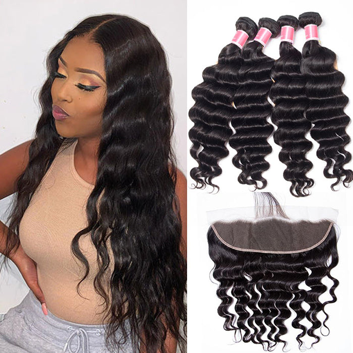 Peruvian Loose Deep Wave 4 Bundles With 13x4 Lace Frontal 10A Virgin Human Hair Bundles With Frontal Deal