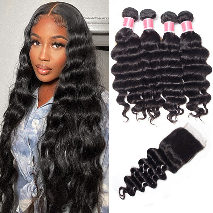 Malaysian Loose Deep Wave 4 Bundles With 4x4 Lace Closure Human Hair Closure With Bundle Deals