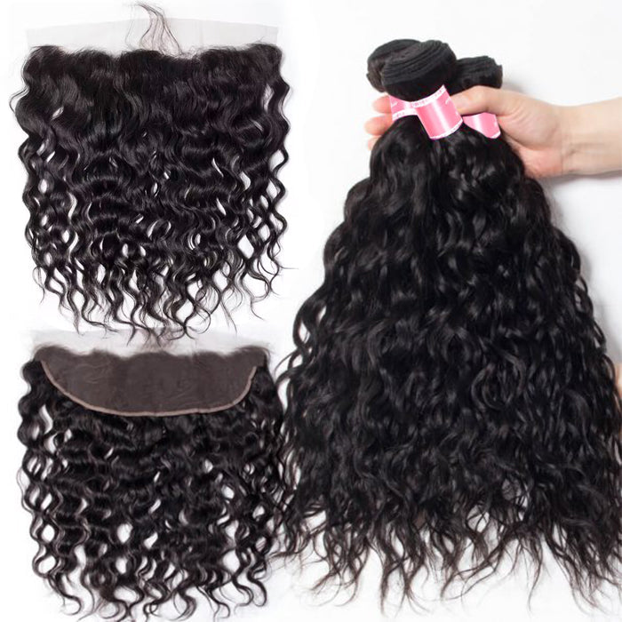 Peruvian Water Wave 4 Bundles With 13x4 Lace Frontal 10A Virgin Human Hair Bundles With Frontal Deal