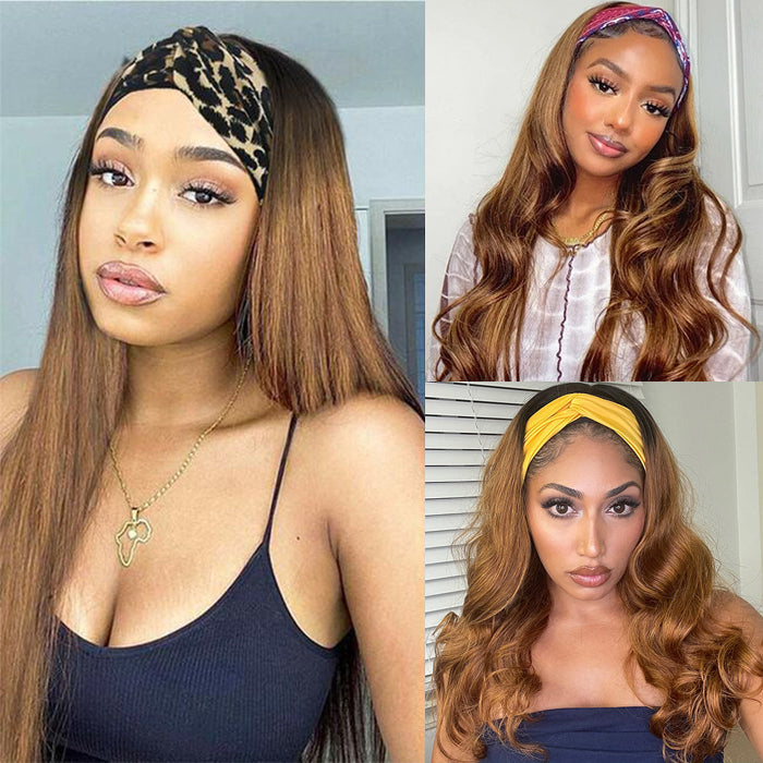 #30 Chestnut Brown Headband Wigs Straight/Body Wave Human Hair Half Wigs with Various Headbands