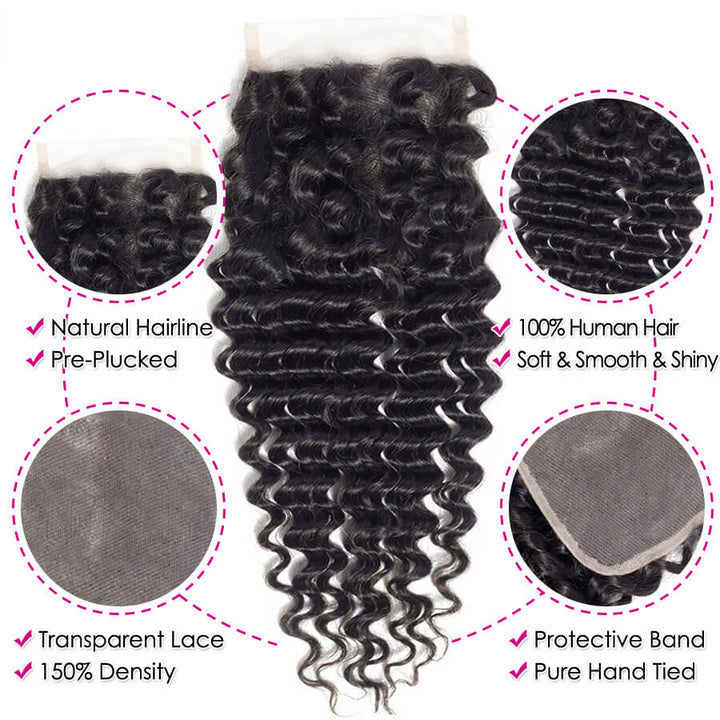 Peruvian Deep Wave 3 Bundles with 4*4 Lace Closure Virgin Human Hair