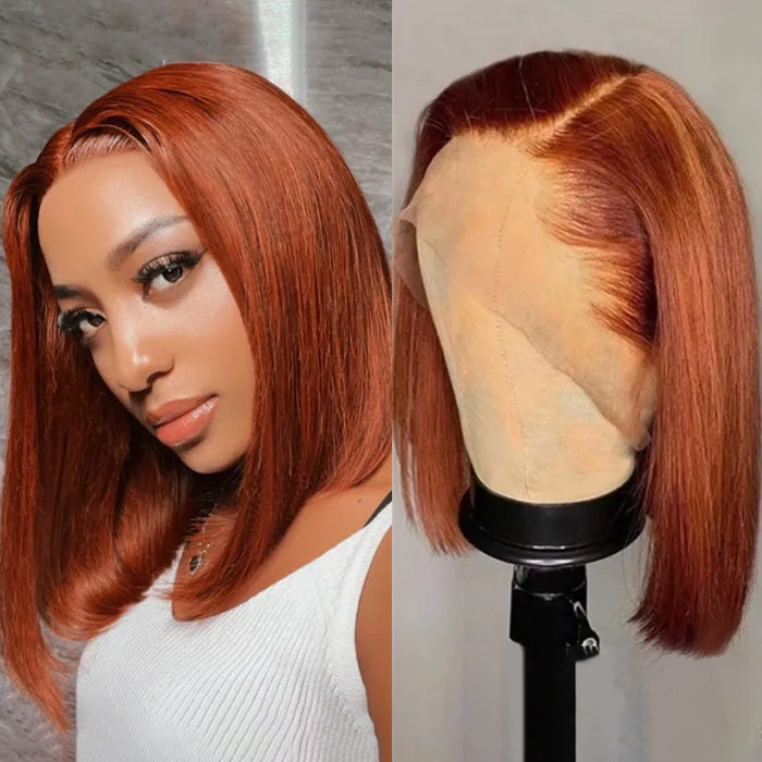 #33 Dark Auburn Color Straight Short Bob Red Brown Wigs 13x4 Bob Lace Frontal Wigs 150% Density