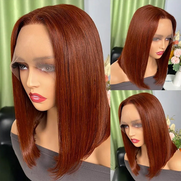#33 Dark Auburn Color Straight Short Bob Red Brown Wigs 13x4 Bob Lace Frontal Wigs 150% Density