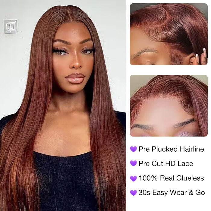 #33 Reddish Brown Color Upgrade 8*5 Pre Cut HD Lace Closure Wigs Glueless Wear & Go Wigs