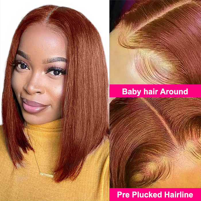 #33 Dark Auburn Color Straight Short Bob Red Brown Wigs 13x4 Bob Lace Frontal Wigs 150% Density