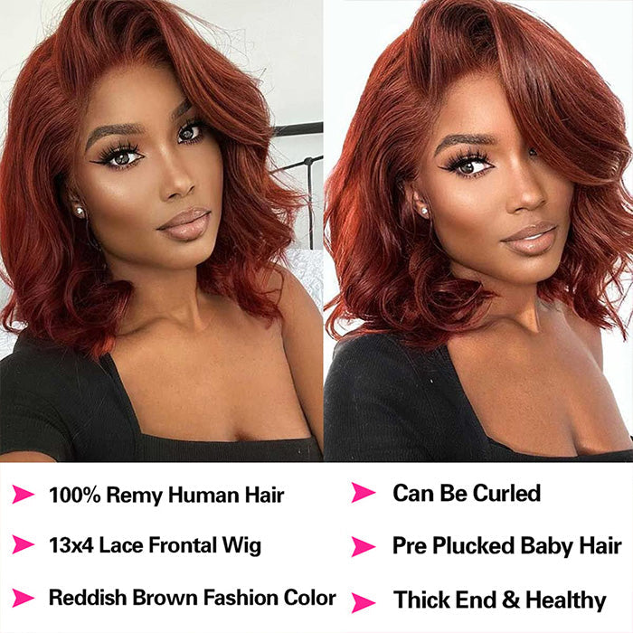 #33 Dark Auburn Color Straight Short Bob Red Brown Wigs 13x4 Bob Lace Frontal Wigs 150% Density