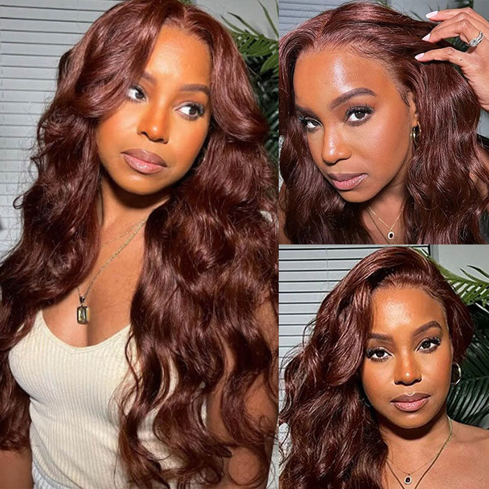 #33 Reddish Brown Human Hair Wigs 4x4 HD Lace Closure Wigs Natural Density Auburn Copper Color